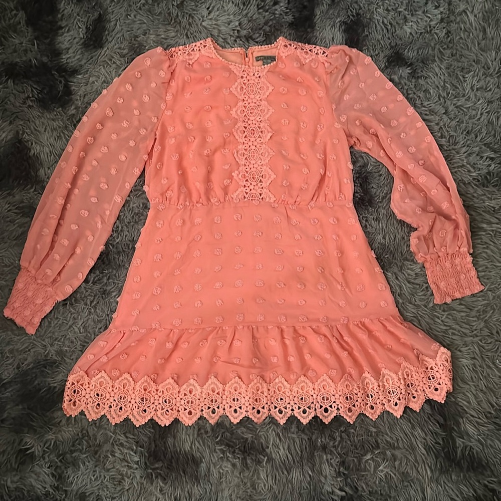 Love By Design, Rina Long Sleeve Dotted Chiffon Lace Trim Dress; Size XL